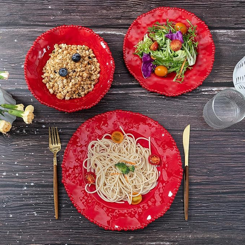 12 pcs Christmas Holiday Melamine Dinnerware Set Ruffled Rim With Beaded Plates and Bowls Set of 4 Lightweight yet Durable Dishes tableware Set Ideal for parties camping and RV trips