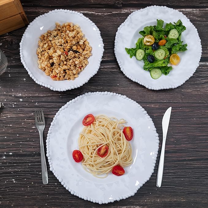 12-Piece White Beaded Melamine Dinnerware Sets – Chip-Resistant Plates &amp Bowls Farmhouse Dining Set includes 4 dinner 4 Salad and 4 Bowl – Ideal for RV Cabin Daily Use