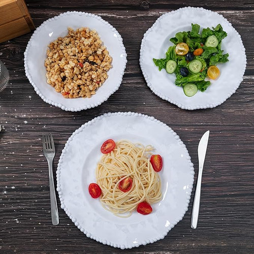 12-Piece White Beaded Melamine Dinnerware Sets – Chip-Resistant Plates &amp Bowls Farmhouse Dining Set includes 4 dinner 4 Salad and 4 Bowl – Ideal for RV Cabin Daily Use