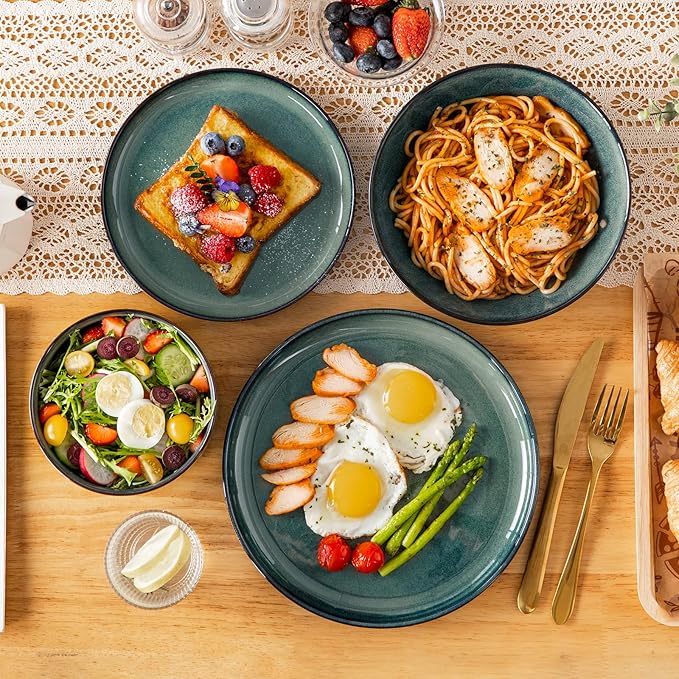 vancasso Starry Plates and Bowls Sets for 6 24 Pieces Dinnerware Sets Green Reactive Glaze Dishes Sets for Kitchen Scratch Resistant Stoneware Dishes Set Dishwasher and Microwave Safe