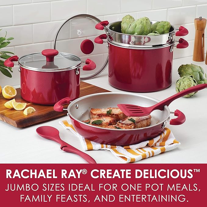 Rachael Ray 12166 8-Piece Create Delicious Stackable Nonstick Cookware Set Red Shimmer