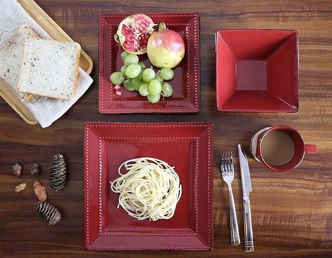 Stylish and Elegant 16 Piece Square Beaded Stoneware Dinnerware set Service for Hosting Parties and Events - Red 16 Piece Square Beaded