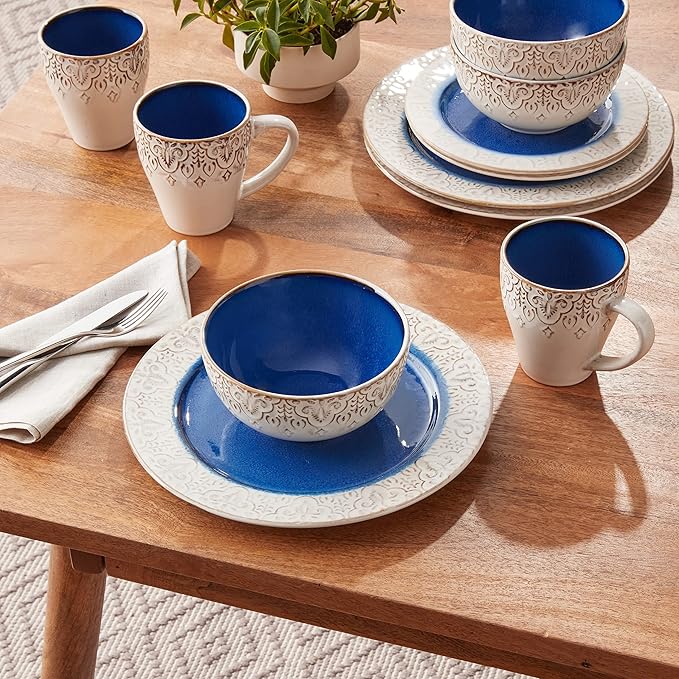 American Atelier Round Dinnerware Sets | Blue Kitchen Plates Bowls and Mugs | 16 Piece Stoneware Granada Collection | Dishwasher &amp Microwave Safe | Service for 4