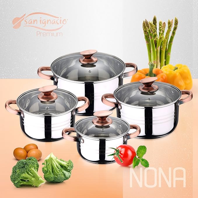 Kitchen Battery 8 Pieces SAN IGNACIO Premium Nona Stainless Steel with pan Set (18/22 cm) and Grill 28x28 cm Daimiel in Forged Aluminum