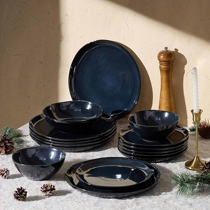 Herogo Stoneware Dinnerware Sets for 6 24 Piece Ceramic Dinner Dishes Set Irregular Handmade Plates and Bowls Dishware Crack and Scratch Resistant Starry Blue