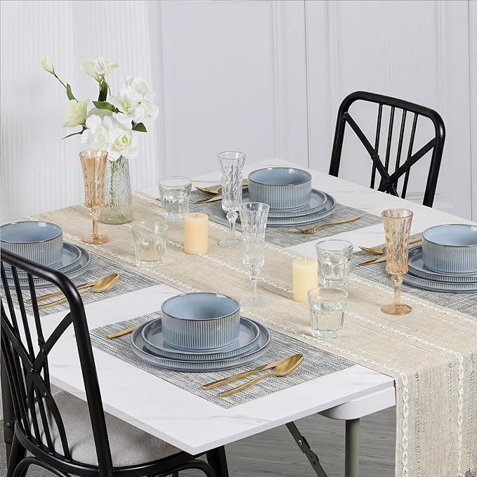 E-far Stoneware Dinnerware Sets for 2 6-Piece Plates and Bowls Sets Chip &amp Scratch Resistant Ribbed Dish Set for Home Restaurant Microwave &amp Dishwasher Safe Dusty Blue