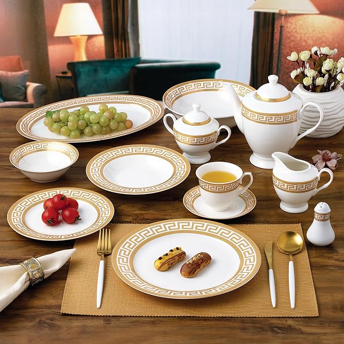 G1347-57G 57-PCs Bone China Porcelain Dinnerware Set Antique Greek Designed Tableware Set Dining Table Setting for 8 Set of 57