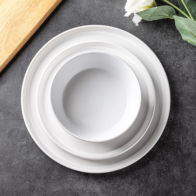 AmorArc Ceramic Dinnerware Sets for 6 Modern Flat Stoneware Plates and Bowls SetsChip and Crack Resistant | Dishwasher &amp Microwave Safe Dishes SetScratch Resistant- Service for 6 (18pc)-Matte W