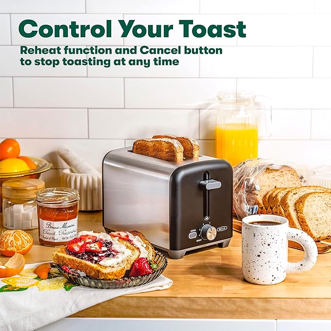 bella 2 Slice Toaster Quick &amp Even Results Every Time Wide Slots Fit Any Size Bread Like Bagels or Texas Toast Drop-Down Crumb Tray for Easy Clean Up Stainless Steel and Black
