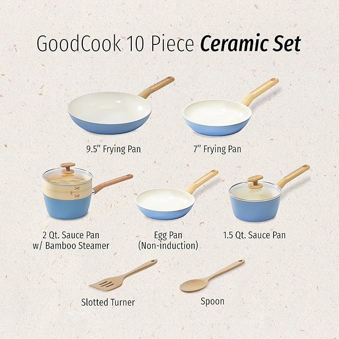 GoodCook 10-Piece Healthy Ceramic Titanium-Infused Cookware Set Light Blue – Pots Pans Steamer Spoon &amp Turner – Induction Cookware Kitchen Pots &amp Pans Set Nonstick Cooking Pan Set
