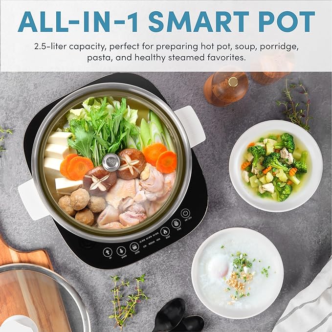 Aroma Housewares 2.5-Liter Smart Electric Hot Pot &amp Rapid Boil Steamer with Automatic Stainless Steel Steamer Basket Lift White ASP-700