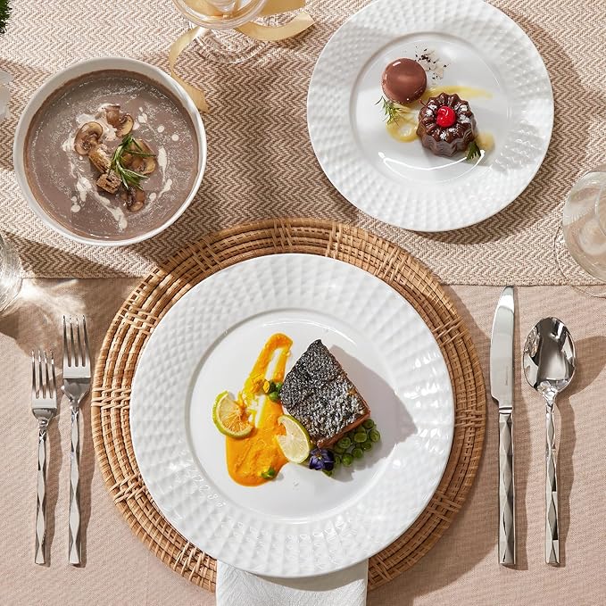 KINGSTONE Bone China Dinnerware Set 18-Piece White Lightweight Porcelain for 6 Plates and Bowls with Rhombus patterned edge design Microwave and Dishwasher Safe for Family Restaurant Gifting