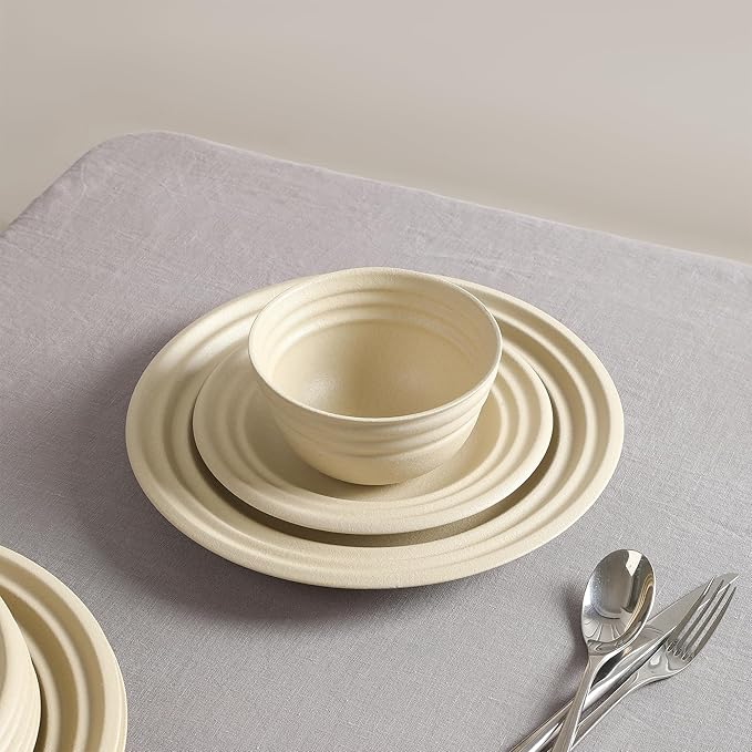 Stone Lain Zen Stoneware 12-Piece Dinnerware Set Service for 4 Beige Includes Salad - Dinner Plates &amp Bowls Textured Sand Finish Microwave &amp Dishwasher Safe