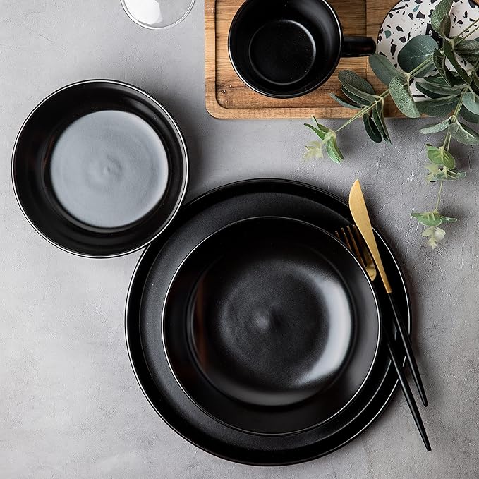 SKUGGA Round Stoneware 16pc Double Bowl Dinnerware Set for 4 Dinner Plates Side Plates Cereal Bowls Pasta Bowls - Matte Black (467586)