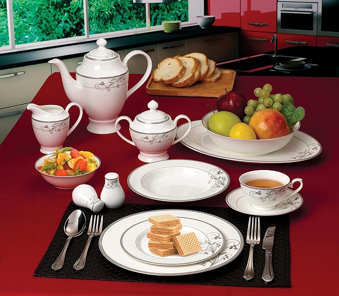 Lorenzo 57 Piece Elegant Bone China Service for 8 Viola Dinnerware Sets Silver