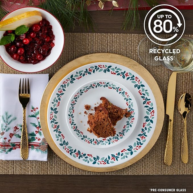 Corelle Vitrelle 18-Piece Christmas Service for 6 Dinnerware Set Triple Layer Glass and Chip Resistant Lightweight Round Holiday Plates and Bowls Set Winter Berries