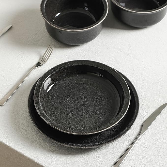 Stone Lain Slate 24-Piece Dinnerware Set Stoneware Plates and Bowls Set Dishwasher and Microwave Safe Dish Set for 8 Black
