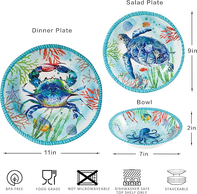 Coastal Dinnerware Sets Ocean Theme Unbreakable Kitchen Plates and Bowls Set Coastal Dishes Lightweight Dinnerware Set RV and Camping dishes set for 4 Dishwasher Safe