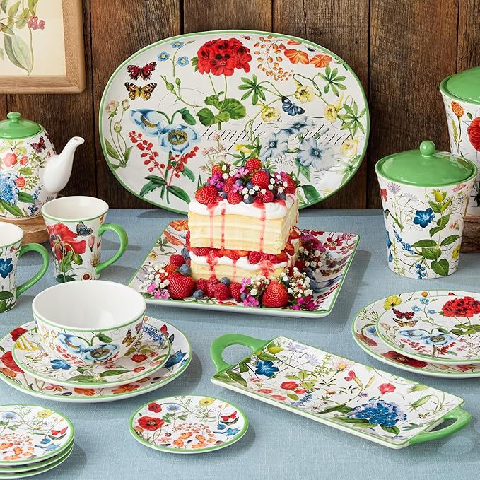 Greenhouse 16-Piece Dinnerware Set Service for 4 Botanical Patterns with Butterflies &amp Dragonflies Durable &amp Stylish Perfect for Brunches Family Dinners &amp Nature-Inspired Tablescapes