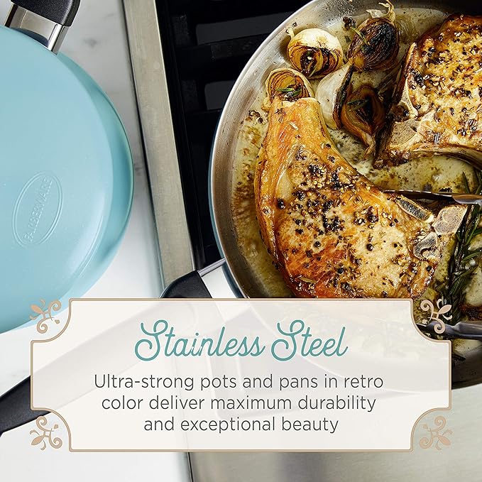 Farberware 120 Limited Edition Stainless Steel Cookware Pots and Pans Set with Prestige Kitchen Tools 10 Piece Aqua Blue