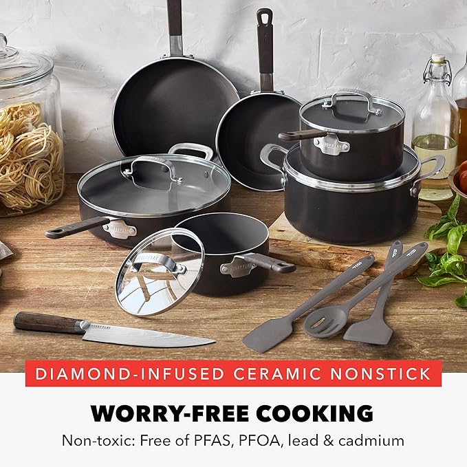 GreenPan x Bobby Flay 13 Piece Cookware Pots and Pans Set and 8 Chef's Knife. PFAS &amp PFOA-Free Ceramic Nonstick Induction Suitable Stay-Cool Silicone Handle Dishwasher &amp Oven Safe Black