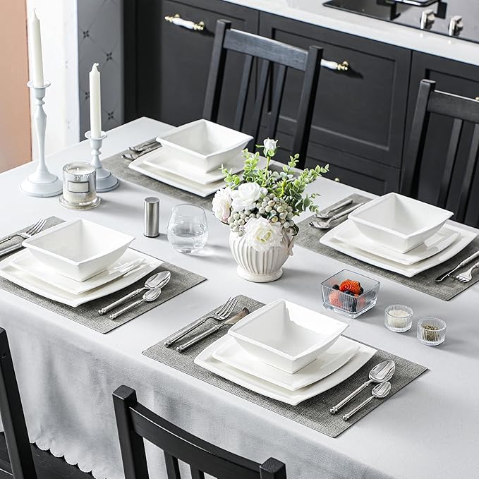 MALACASA Plates and Bowls Sets Square Dinnerware Sets for 6 (30pcs) Series Blance