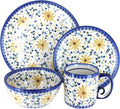 Blue Rose Polish Pottery - Yellow Daisy 4 PC Place Setting - Service for 1-1 Place Setting - Great for Everyday Dining Casual Dining or as Formal Dinnerware