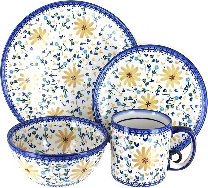 Blue Rose Polish Pottery - Yellow Daisy 4 PC Place Setting - Service for 1-1 Place Setting - Great for Everyday Dining Casual Dining or as Formal Dinnerware