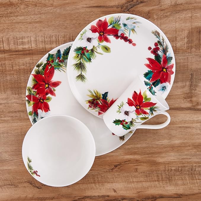 Mikasa Hope Joy Holiday Poinsettia Bone China Lightweight Chip Resistant 16 Piece Dinnerware Set Service for 4 Multicolor