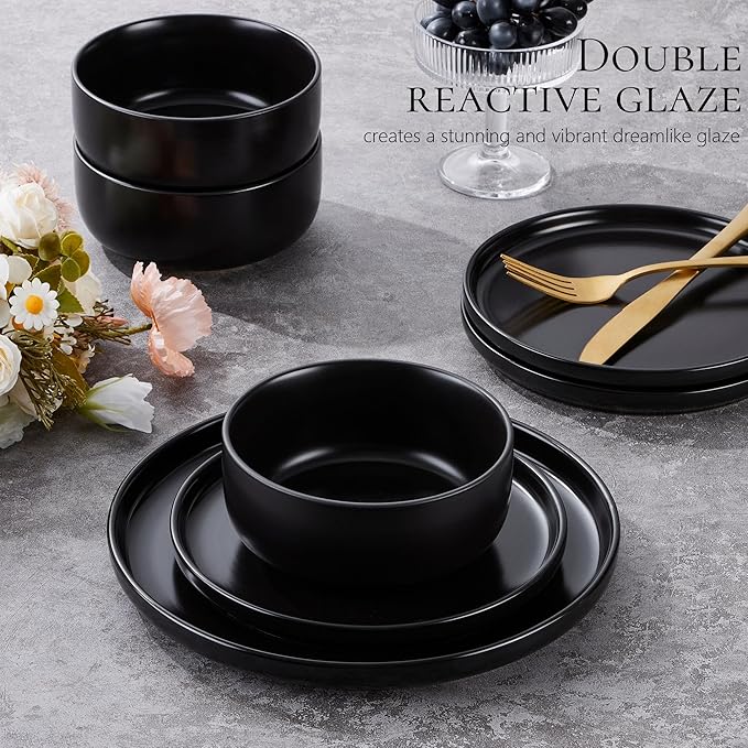 Vesteel Dinnerware Sets for 4 12-Piece Stoneware Dish and Bowls Set Handmade Reactive Glaze Coupe Plates Set for Family Chip &amp Scratch Resistant - Matte Black