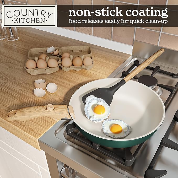 Country Kitchen Cookware Set with Removable Handle Oven &amp RV Safe Pots and Pans Set Sage Wood Handle Original