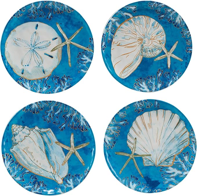Unknown1 Shells 16-Piece Dinnerware Set Service for 4 Blue Gold White Coastal Casual Farmhouse Round 16 Piece Dishwasher Safe Microwave M