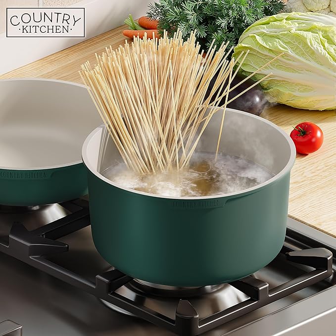 Country Kitchen Cookware Set with Removable Handle Oven &amp RV Safe Pots and Pans Set Sage Wood Handle Original