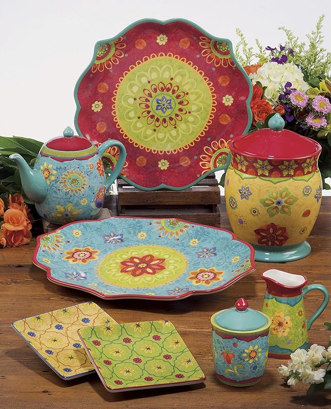 Tequila Sunrise 16-Piece Boho Ceramic Dinnerware Set – Vibrant Multicolor Plates Bowls &amp Mugs for 4 – Bold Microwave &amp Dishwasher Safe Fiesta-Inspired Tableware for Everyday Dining
