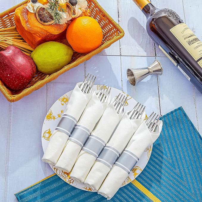 N9R 30 Pack Pre Rolled Silver Plastic Cutlery Set Wrapped Plastic Silverware Set with 30 Forks 30 Knives 30 Spoons and 30 Napkins Disposable Cutlery Set for Party and Wedding