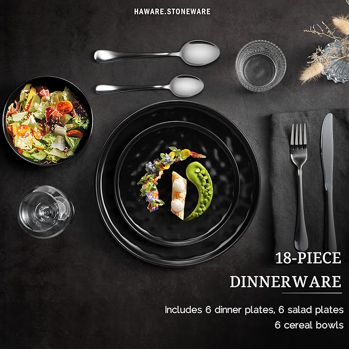 HaWare Dinnerware Sets 18-Piece Plates and Bowls Set Stoneware Dish Set for 6 Ceramic Dinnerware for Home Restaurant Chip and Scratch Resistant Microwave and Dishwasher Safe Matte Black