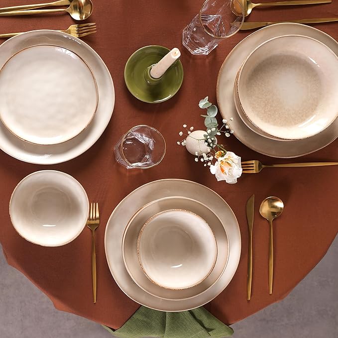 Karaca Aria Reactive Stoneware Plates &amp Bowls Sets - Ceramic Dinnerware Sets for 6 24 Piece Microwave Safe Dish Set incl. Dinner Plate Set with Pasta Bowls Side Plates and Cereal Bowl - Beige