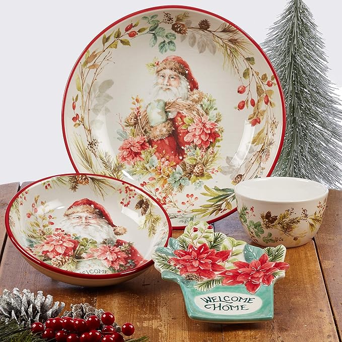 Christmas Story 16pc Dinnerware Set – Service for 4 with Santa Plates Bowls &amp Mugs – Vintage Holiday Ceramic Set Featuring Festive Art Red Accents &amp Seasonal Charm