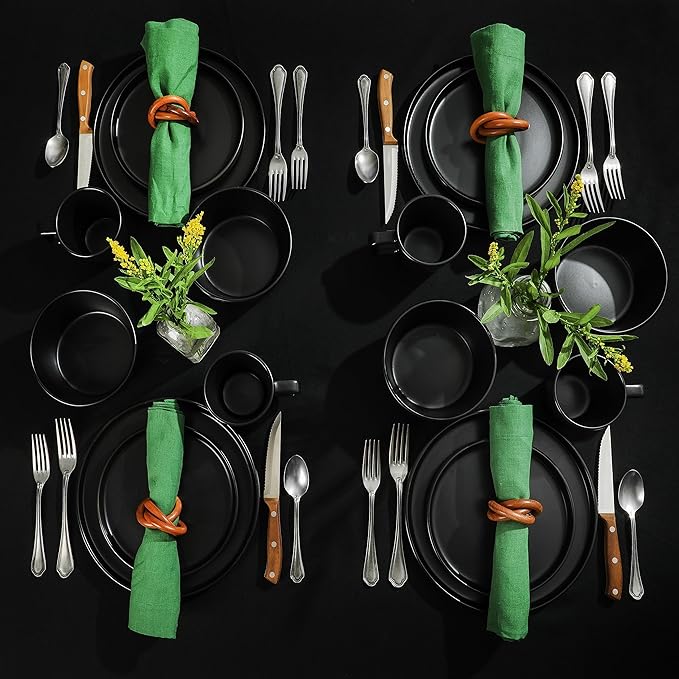 Gibson Soho Lounge Bowery 32 Piece Matte Black Stoneware Dinnerware Plates Bowls and Mugs Set - Service for 8