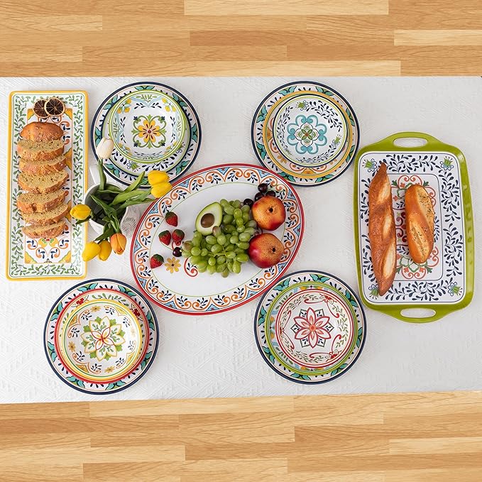 12 pcs Talavera Melamine Dinnerware Set Service for 4 Melamine Plates and Bowls Set Unbreakable Dishes Dinnerware Set Great for RVs Camping BPA Free and Dishwasher Safe