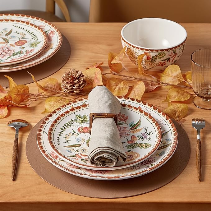 Bico Blooming Moment Ceramic 16 pcs Dinnerware Set Service for 4 Inclusive of 11 inch Dinner Plates 8.75 inch Salad Plates 26oz Cereal Bowls and Mugs for Party Microwave &amp Dishwasher Safe