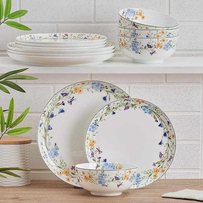 Mikasa Quinn Lightweight Bone China 12 Piece Dinnerware Plate Bowl Set Service for 4