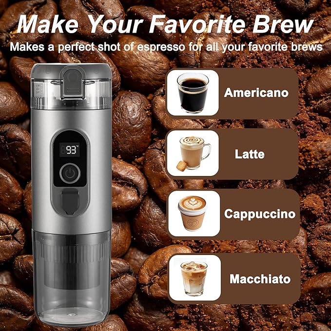 Portable Electric Espresso Machine Travel Coffee Maker 20 bar Mini Espresso Self-Heating Car Coffee Maker Compatible with Ground Coffee &amp NS Capsule for Camping RV Hiking Offic Gray