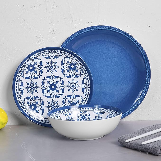 Melamine Dinnerware Set -12pcs Outdoor and Indoor Plates and Bowls Set Service for 4 Dishwasher Safe Blue Flower