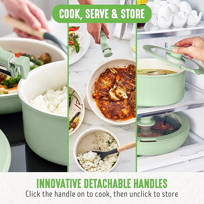 GreenLife 10 Piece Nonstick Pots &amp Pans Set Detachable Handle &amp Stackable Cookware Set Non Toxic PFAS-Free Skillets Induction Kitchen Pans Space Saving Serving Bowls Oven Safe Sage Gree