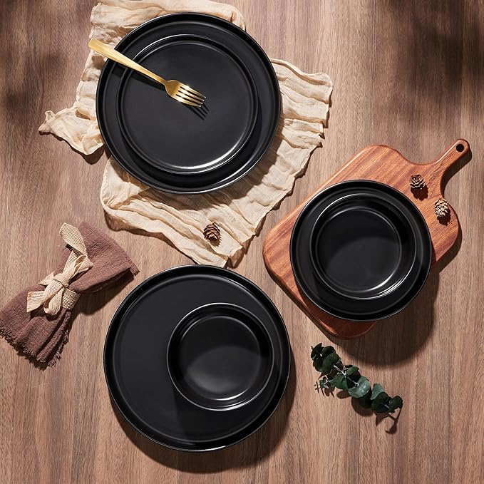 E-far Stoneware Dinnerware Sets for 6 18-Piece Plates and Bowls Set Modern Ceramic Dishes Dinning Ware Microwave &amp Dishwasher Safe - Matte Black