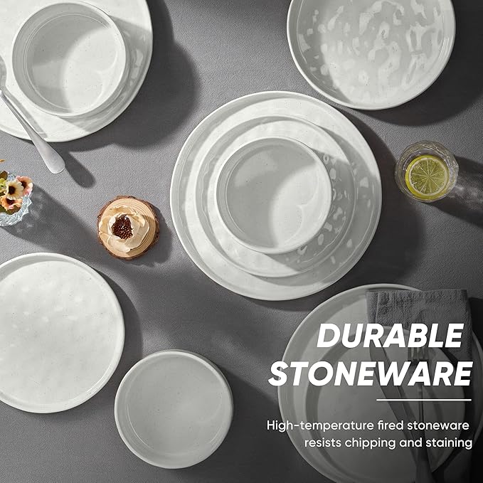 E-far 8-Piece Plates and Bowls Sets with Pasta Bowls - Stoneware Dinnerware Set for 2 Modern Ribbed Speckled White Dishes Microwave &amp Dishwasher Safe