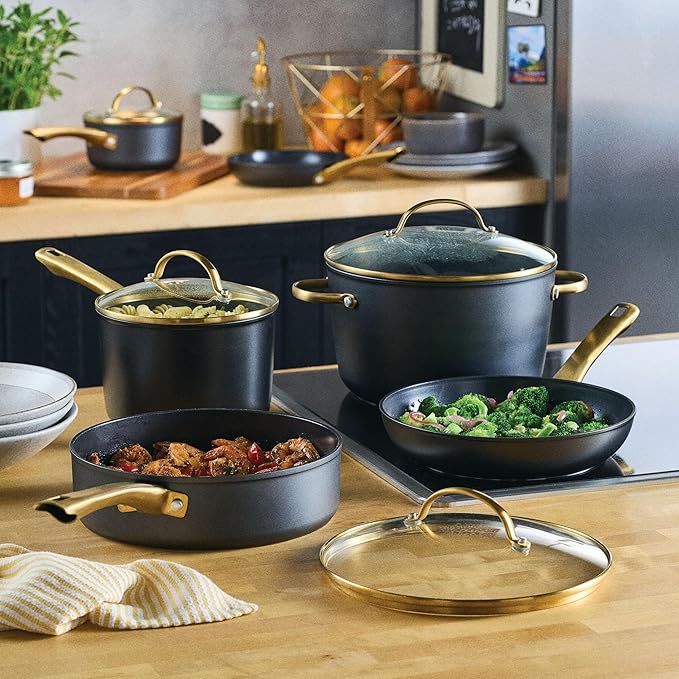 Farberware Forged Induction Ceramic Nonstick Pots and Pans Set with Lids and Kitchen Cooking Tools - Dishwasher Safe Suitable for All Stovetops 12 Piece Cookware Set - Black and Gold