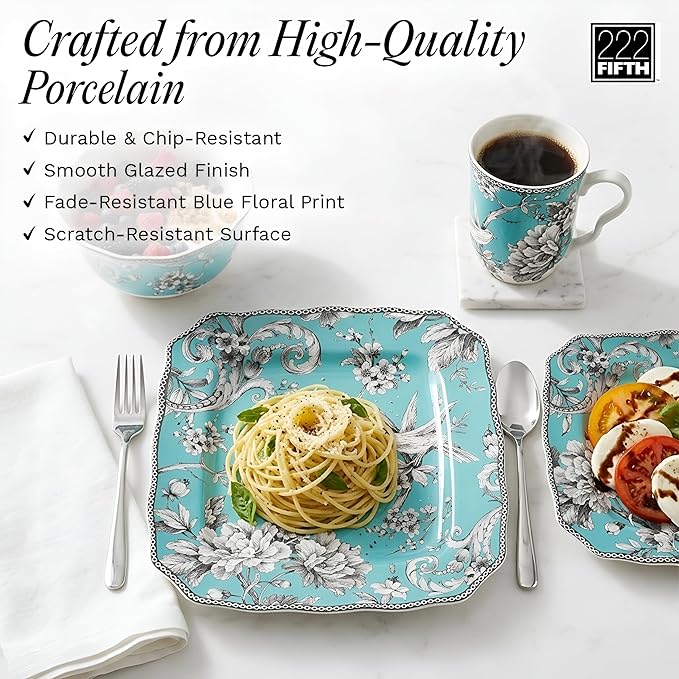 222 Fifth Adelaide 16-Piece Square Floral Dinnerware Set – Service for 4 Turquoise Porcelain Plate Bowl &amp Mug Set Chip Resistant for Everyday Dining &amp Entertainment Microwave &amp Dishwa