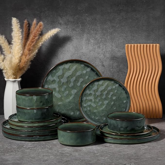 Vesteel Dinnerware Sets 12-Piece Stoneware Plates and Bowls Set Dishes Set for 4 Elegant Ceramic Dinnerware for Home Restaurant - Sage Green